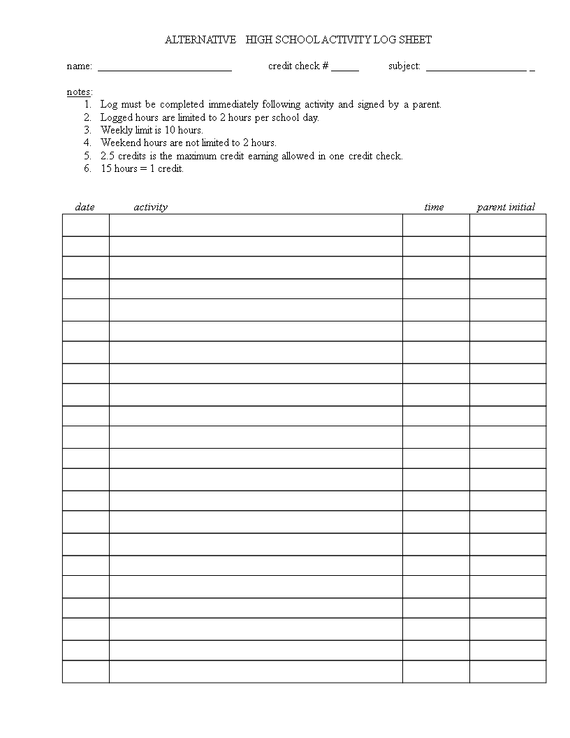 School Credit Activity Hours Log Sheet