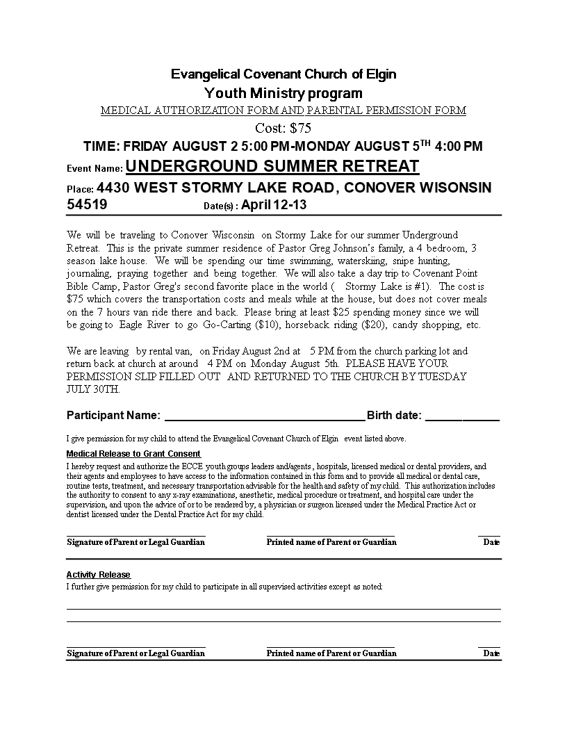 Church Permission Slip Template Church Permission Slip Template
