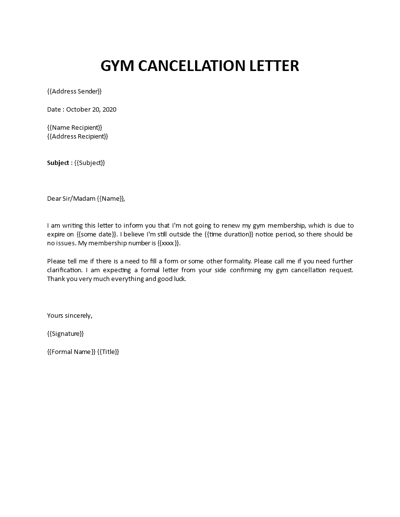 Gym cancellation letter Within Gym Membership Cancellation Letter Template Free
