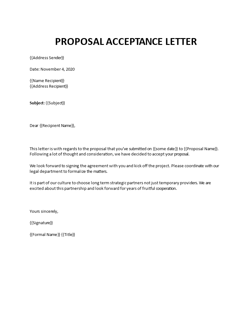 Proposal acceptance letter Regarding Business Partnership Proposal Letter Template