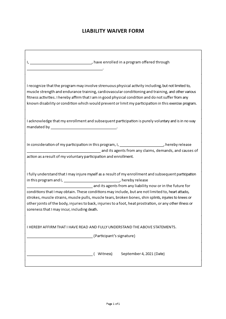 liability waiver example