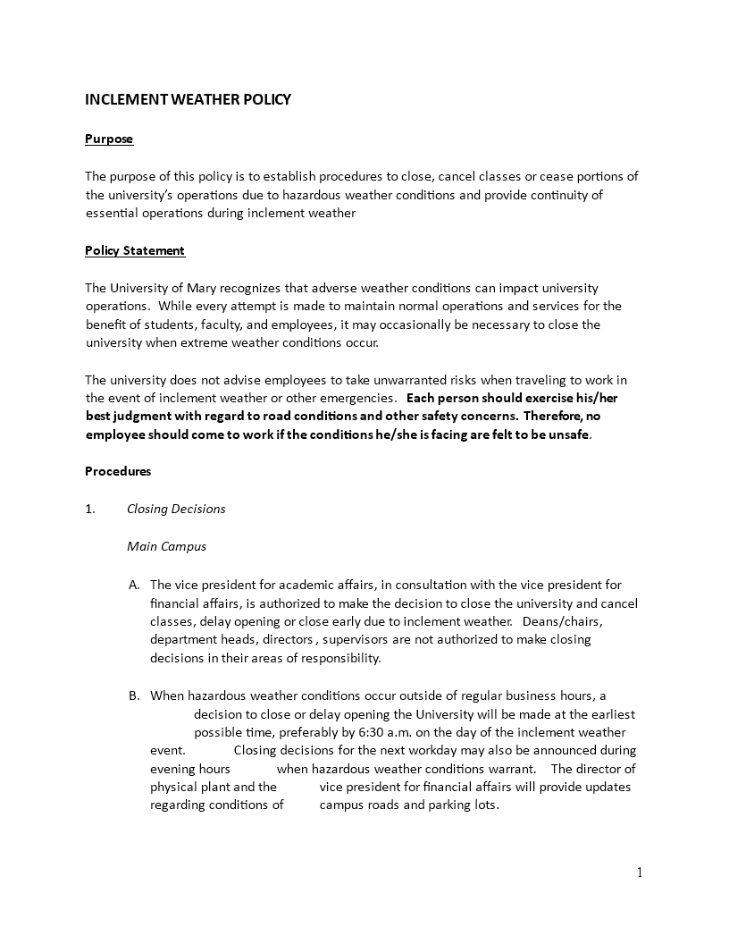 Inclement Weather Policy Template Inclement Weather Policy Template