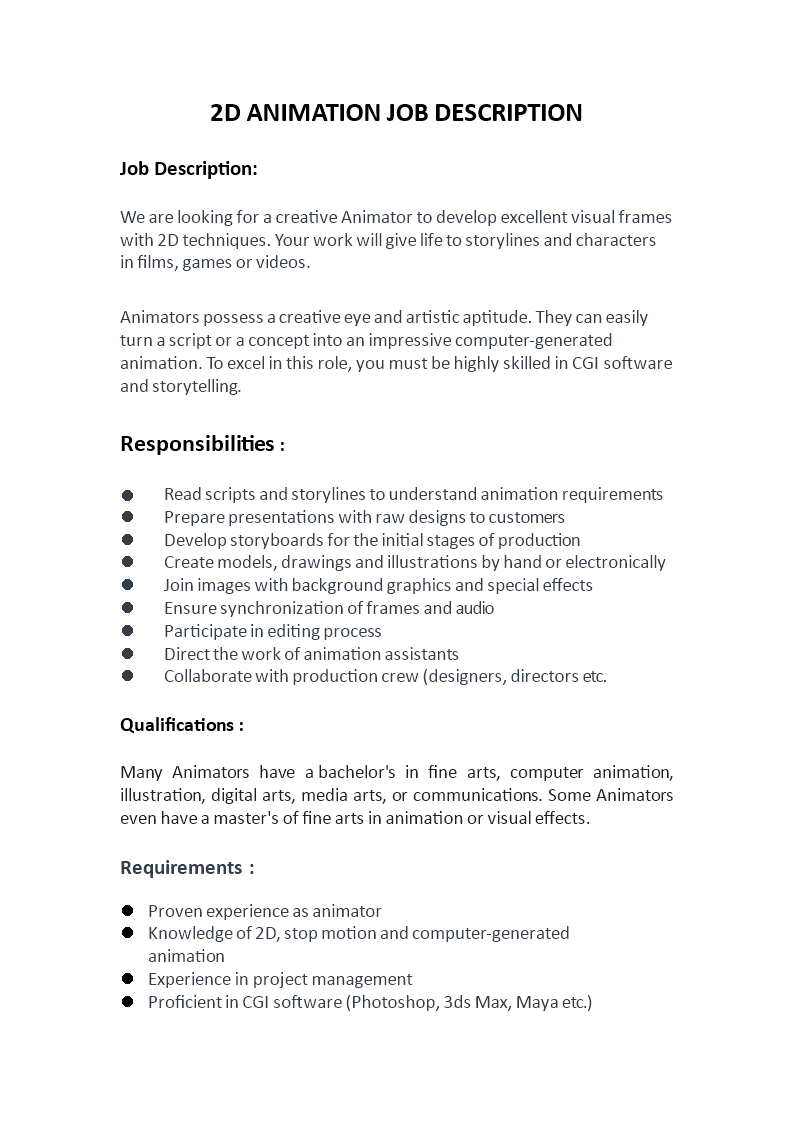 Animator Job Description Animator Job Description