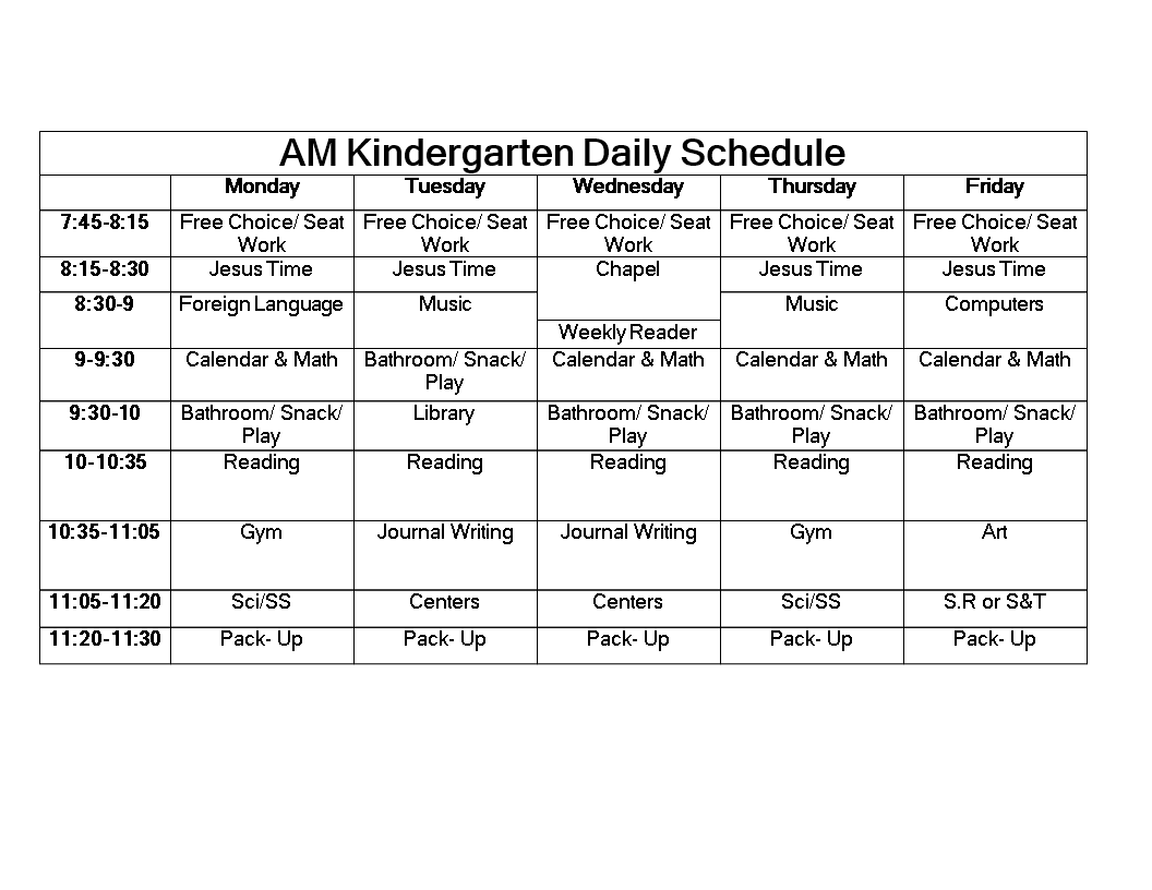 Kindergarten Daily Schedule Template Word
