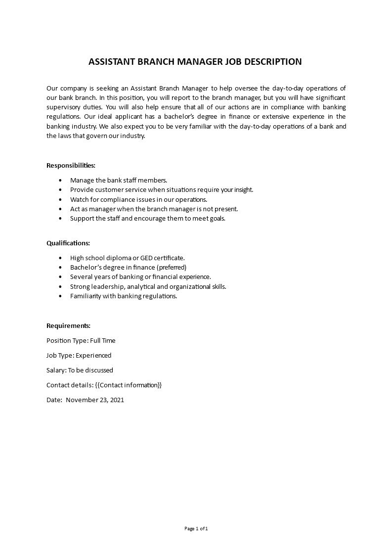 assistant branch manager job description