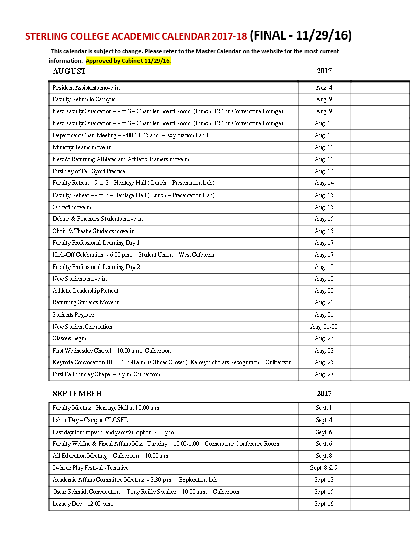 College Calendar