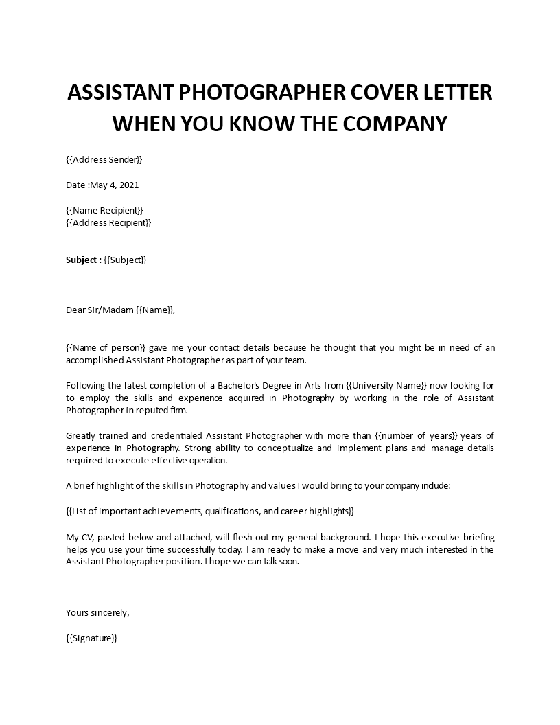 photographer assistant cover letter 