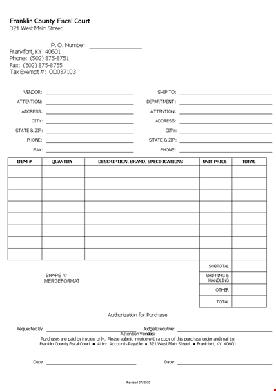 Purchase Order Form - Attention Franklin County Fiscal | Phone Support