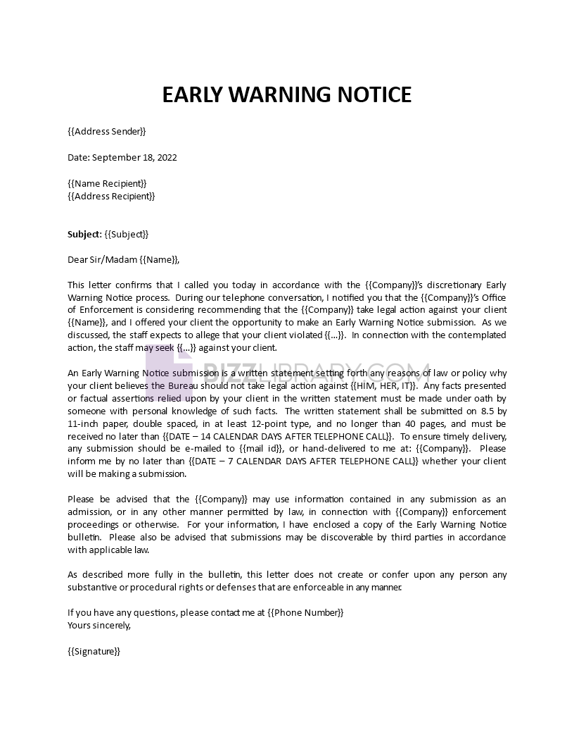 early warning notice template