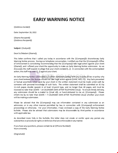 Early Warning Notice Template