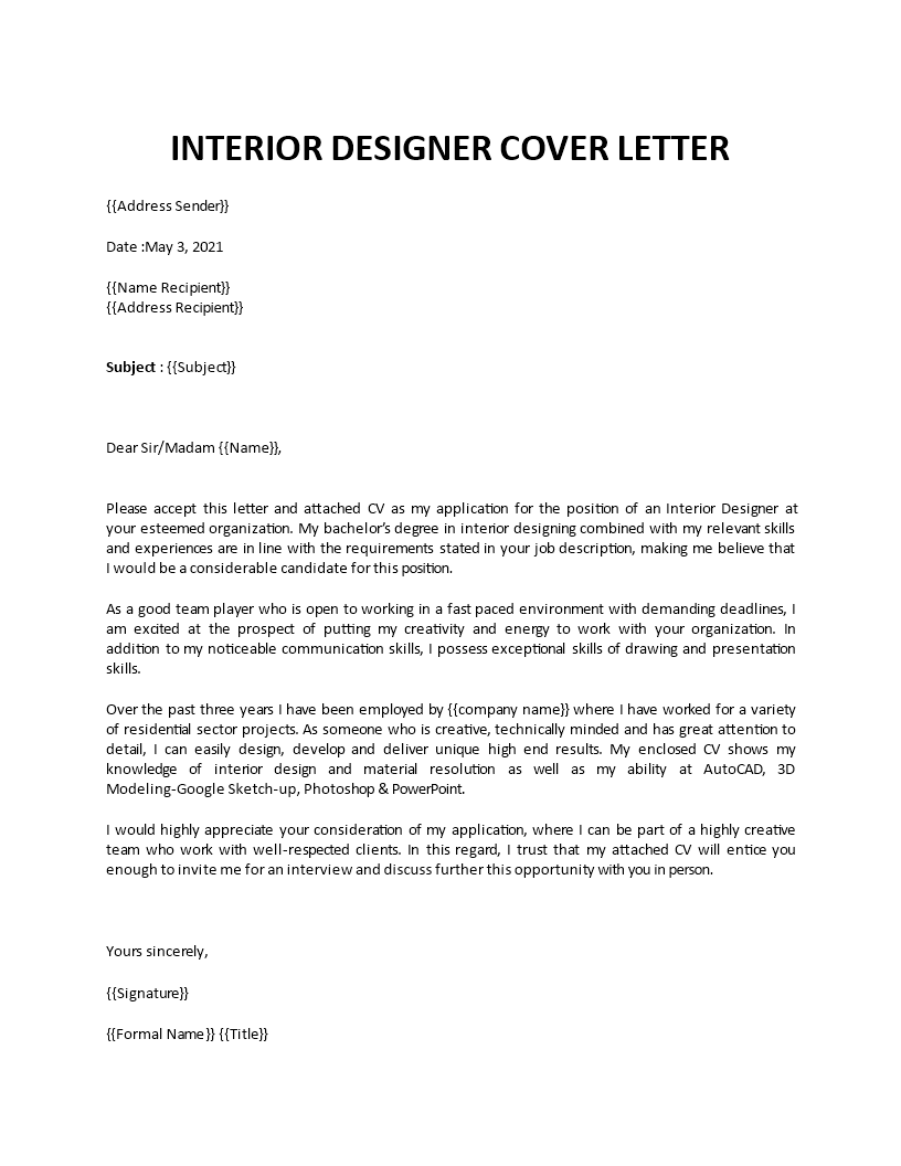 cover letter example of interior design