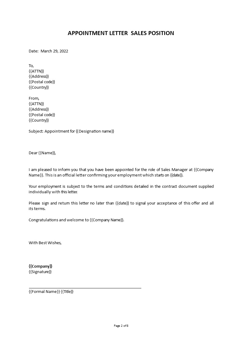 appointment letter for sales manager sample