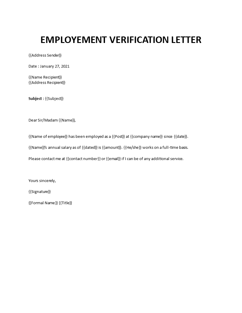 Letter of employment verification Inside Employment Verification Letter Template Word