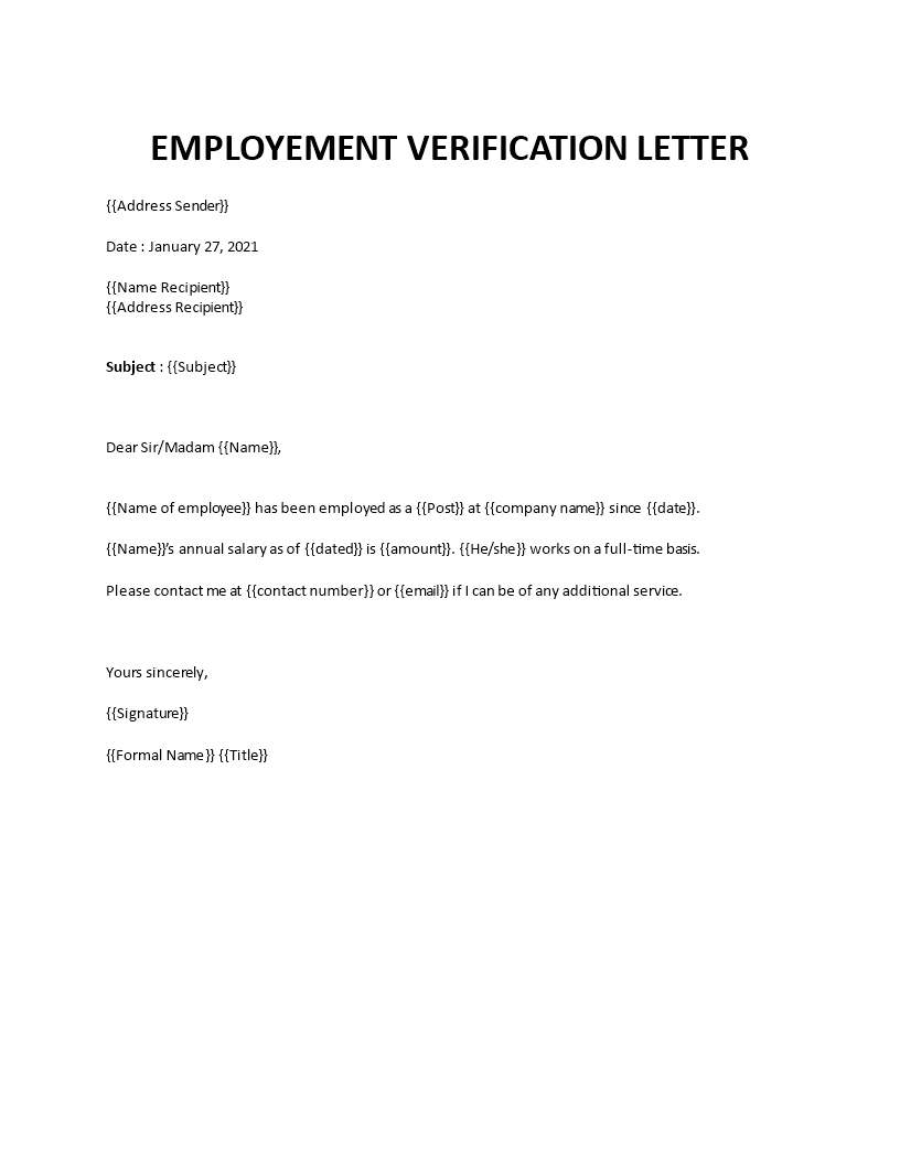 Letter of Employment Verification Regarding Employment Verification Letter Template Word