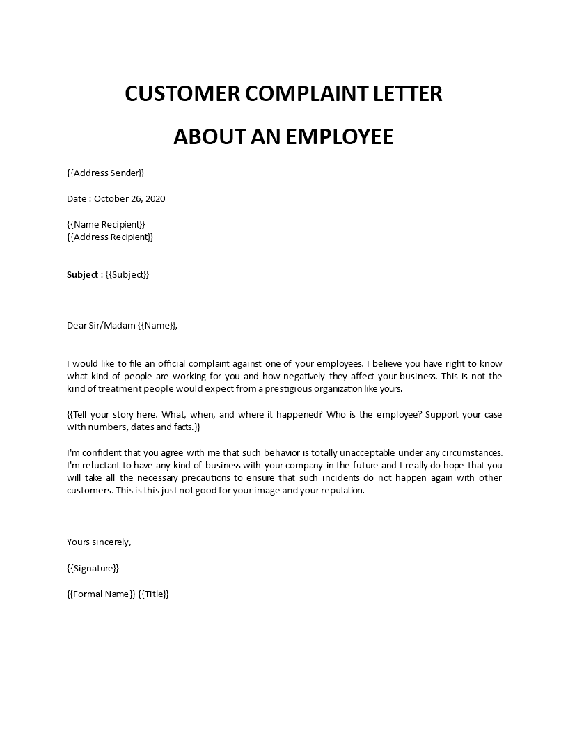 customer complaint letter about an employee