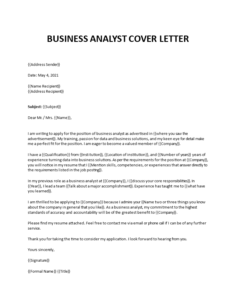 cover letter for the post of a business analyst