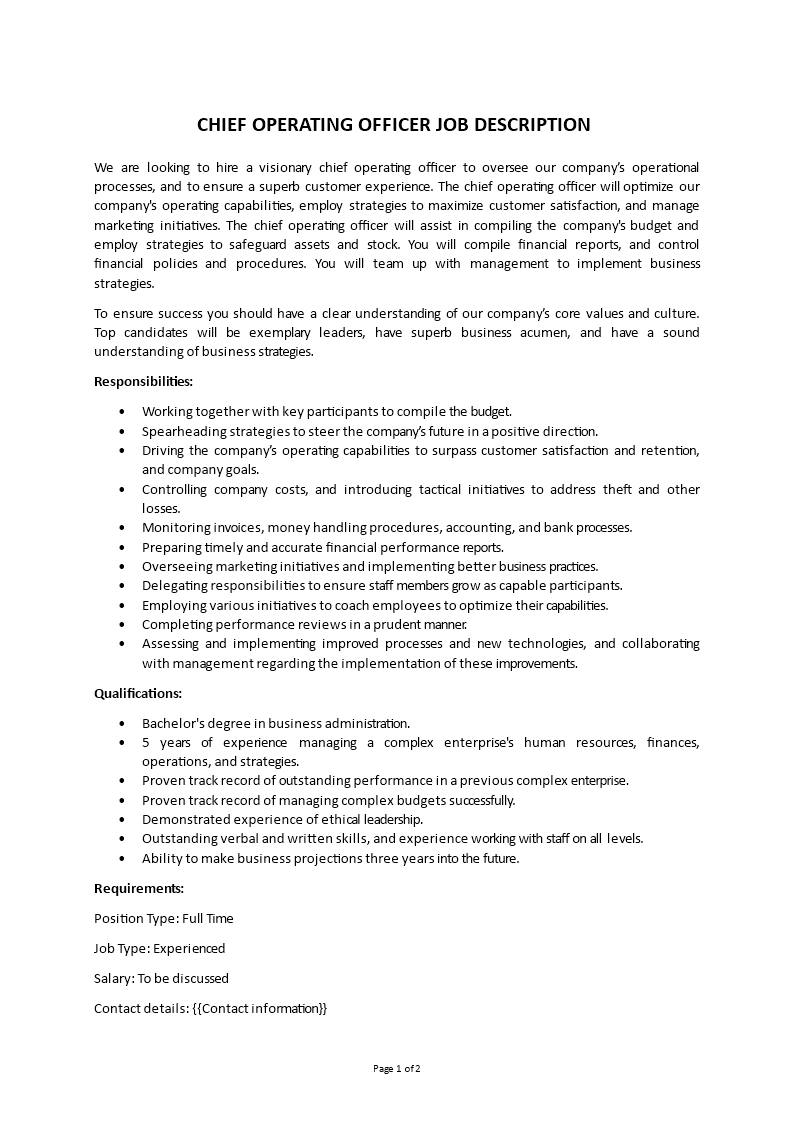chief operating officer job description Main Image chief operating officer job description template