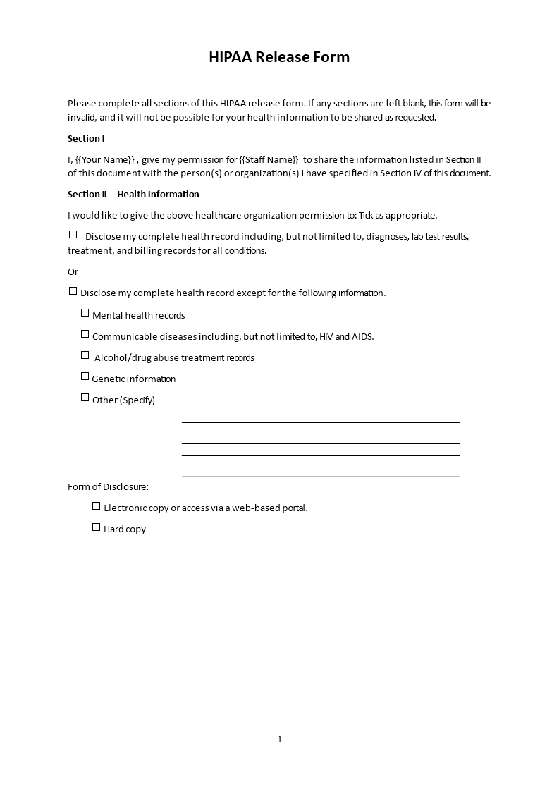 hipaa release form template