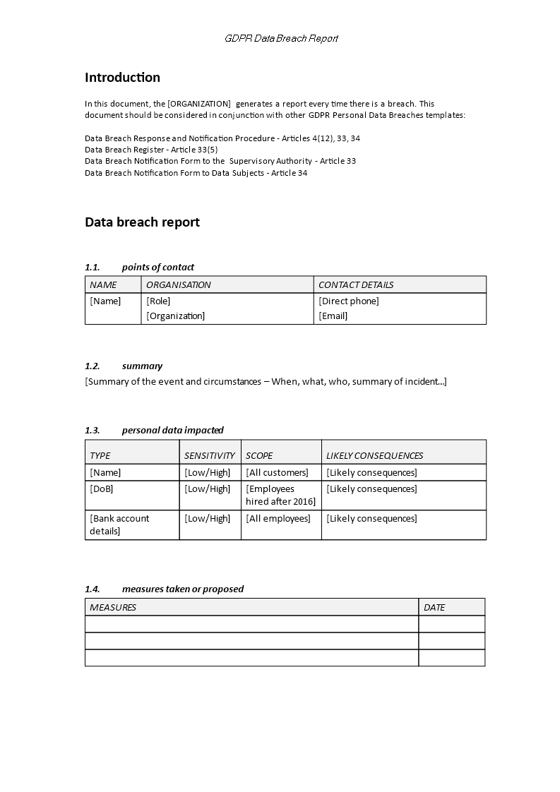 gdpr data breach report template example