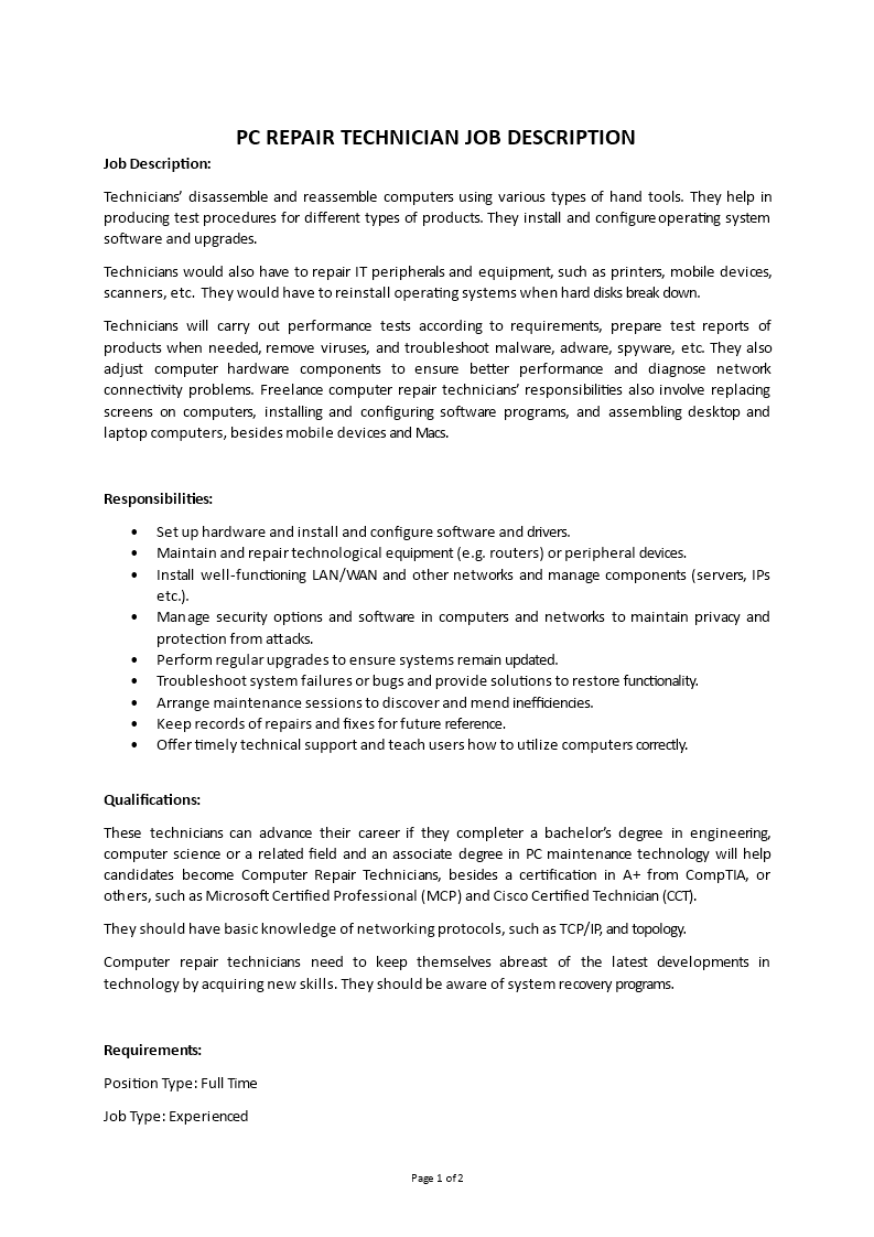 pc repair technician job description