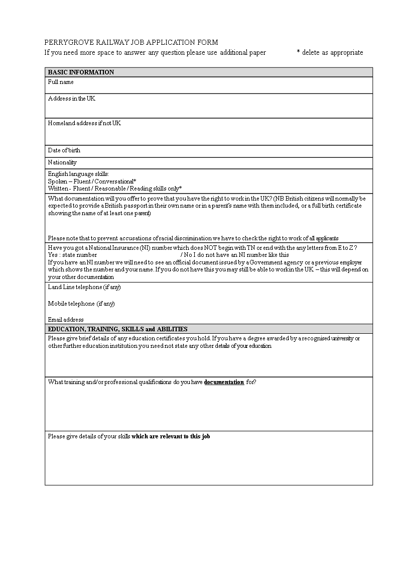 Railway Job Application Form