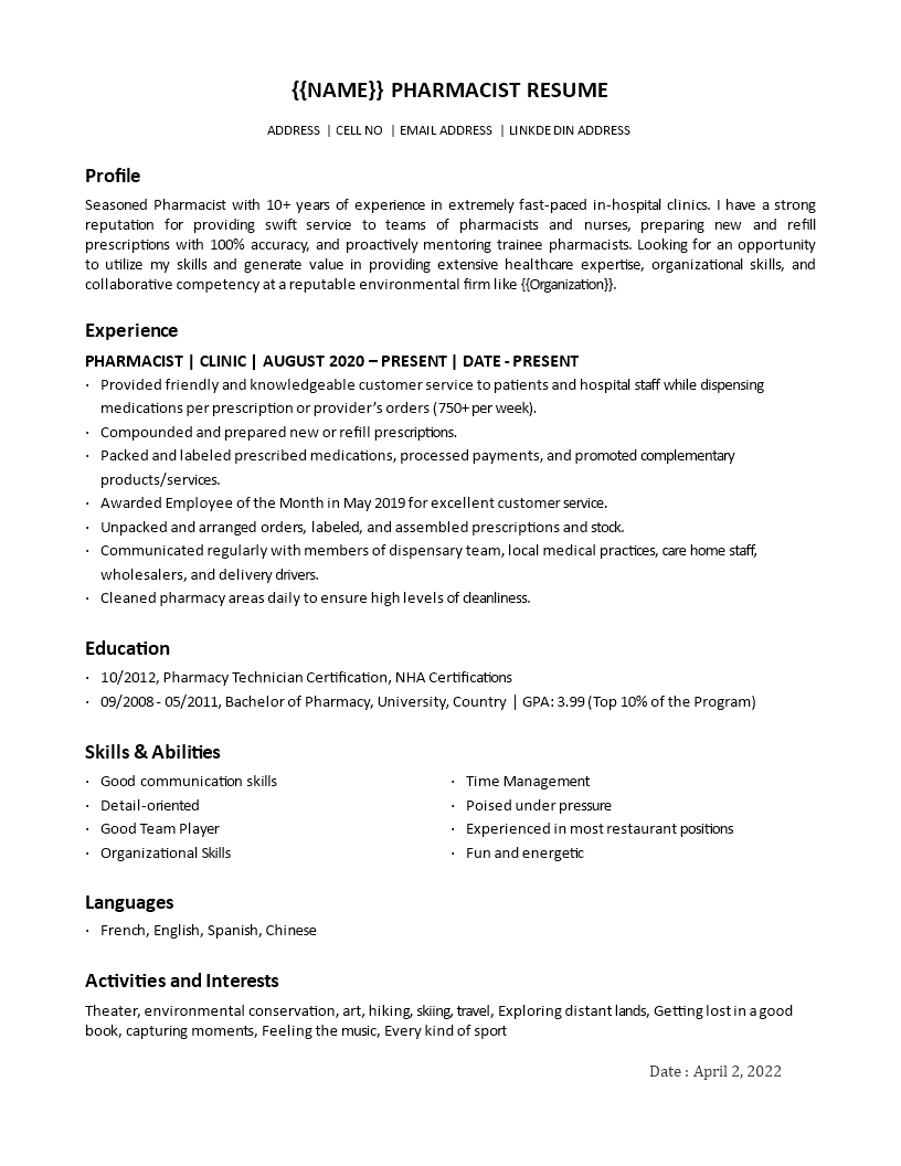 pharmacist resume example