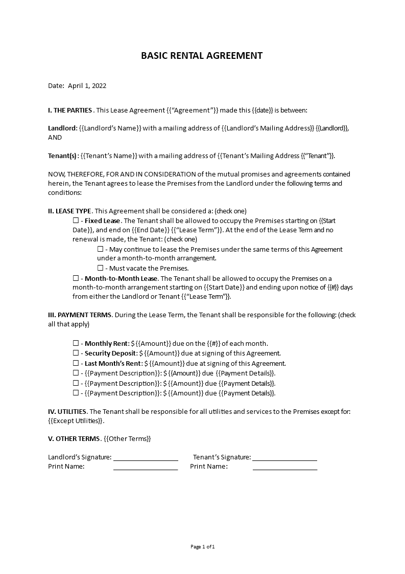 rental agreement template template