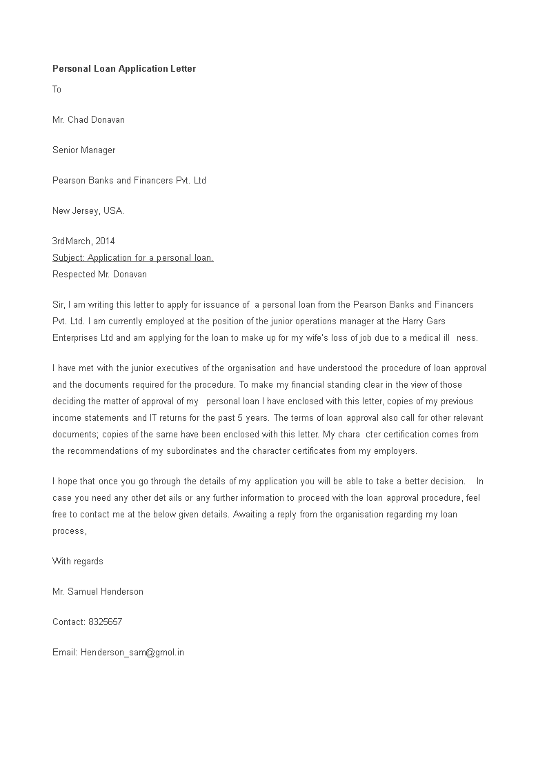 Personal Loan Application Letter Template