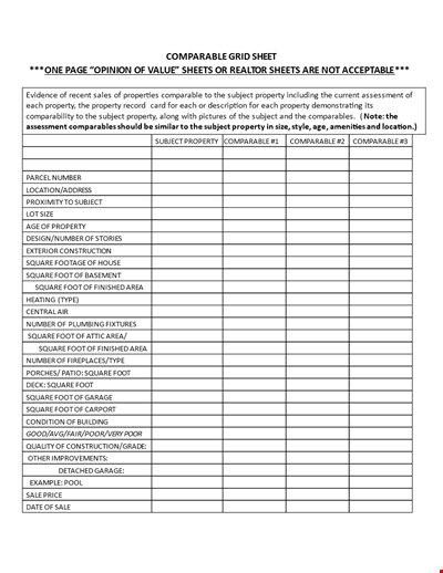 Home Sales Comparable Grid Sheet Template