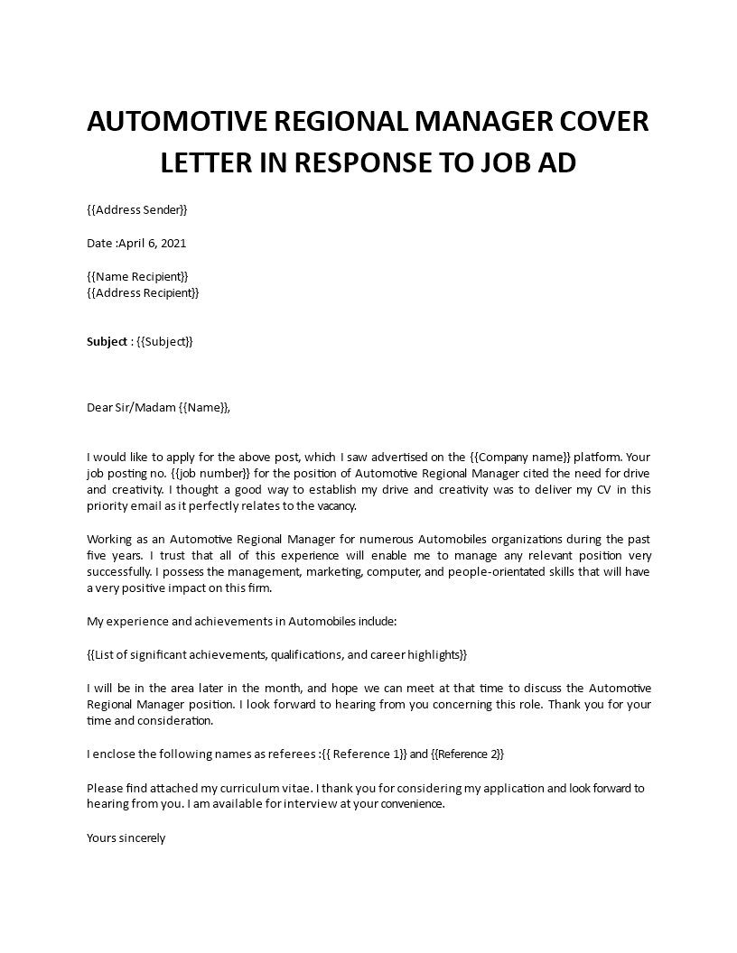 regional manager cover letter 