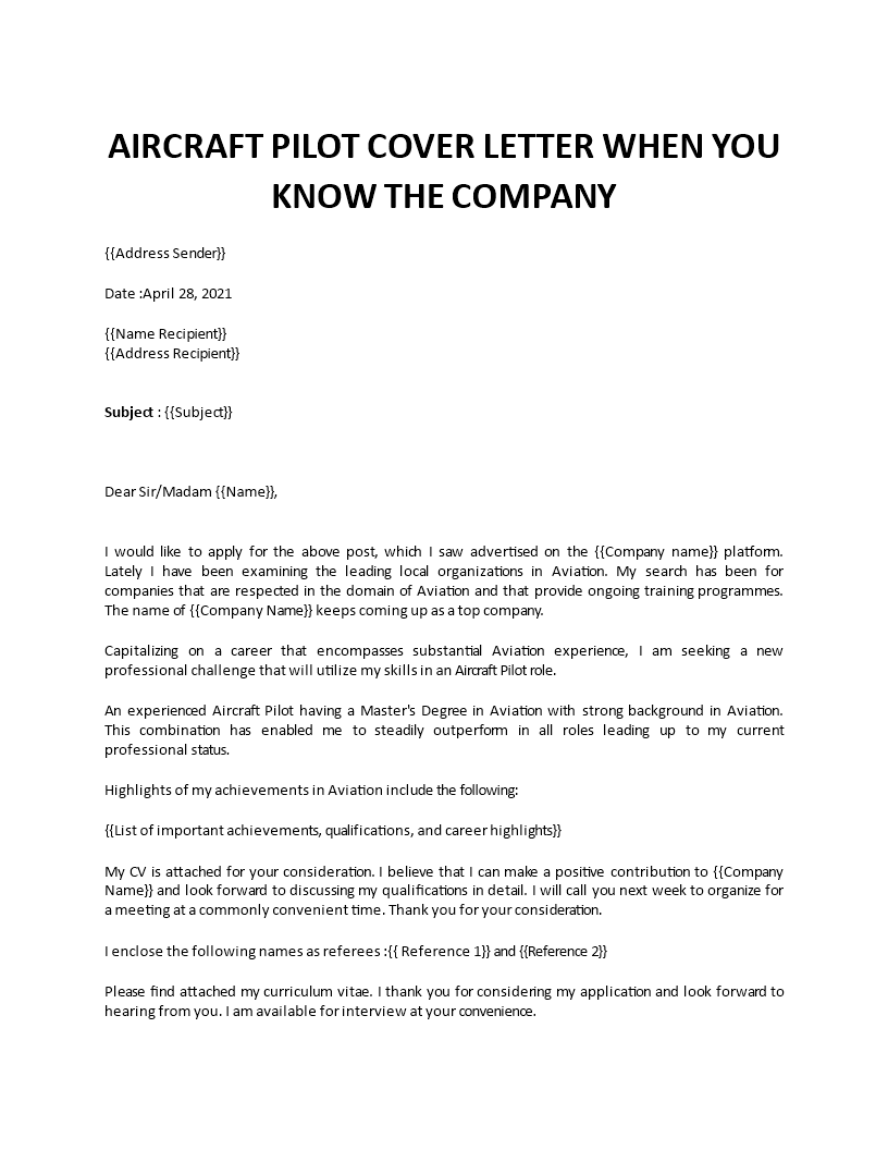 Aircraft Pilot cover letter