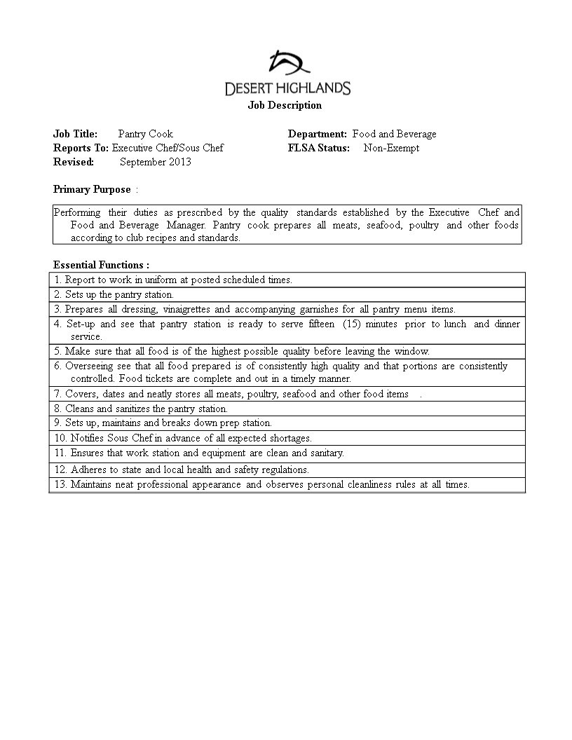 Pantry Cook Job Description Template