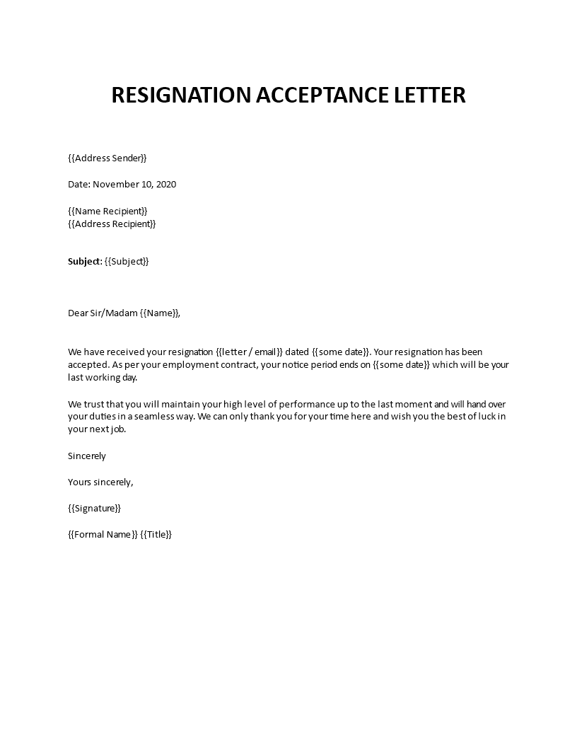 Sample resignation acceptance letter