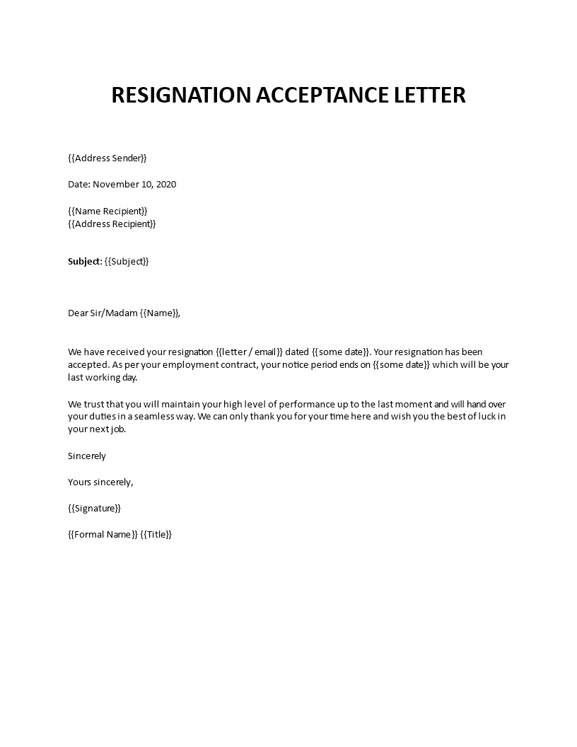 Sample Resignation Acceptance Letter