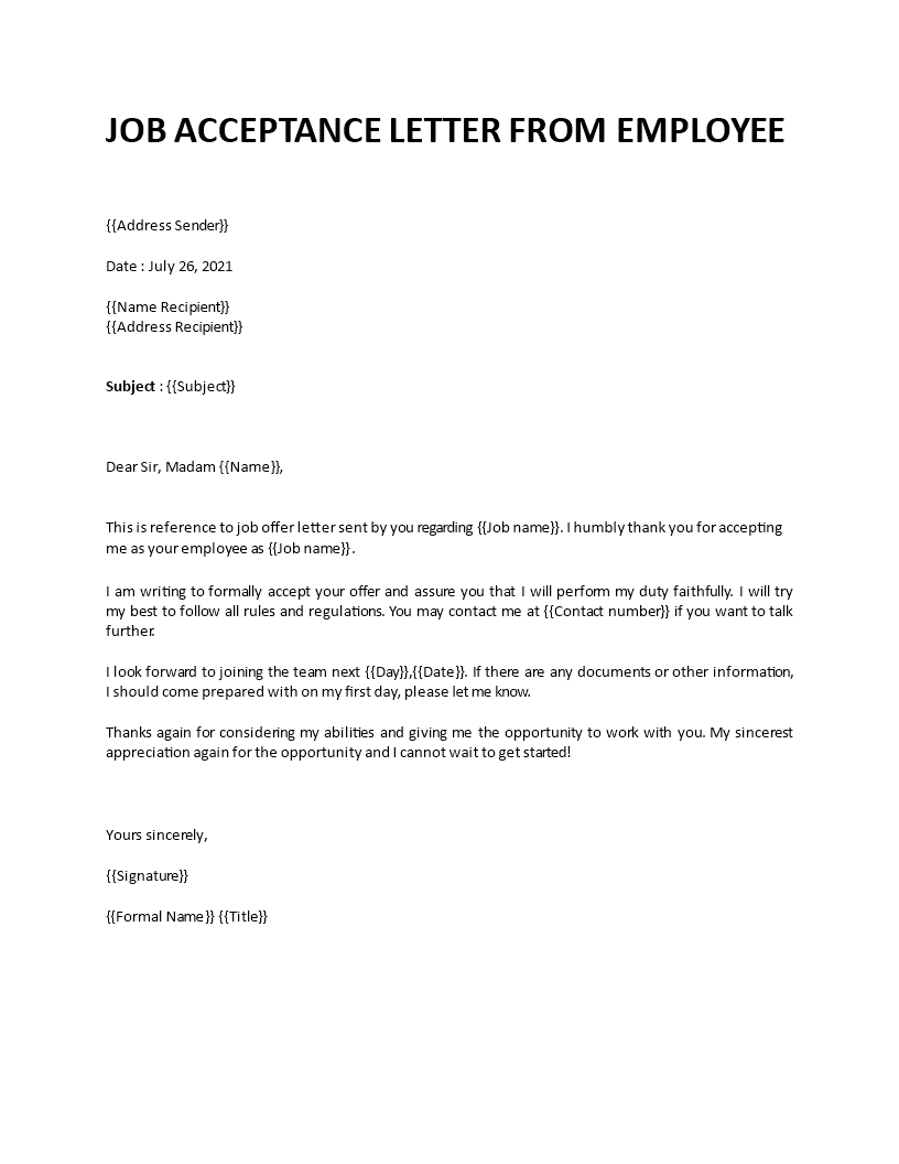 job acceptance letter from employee example