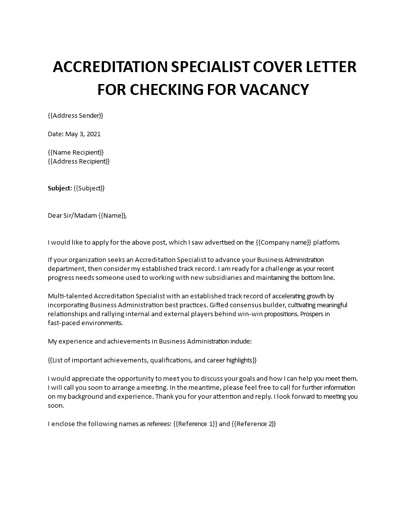 accreditation specialist cover letter