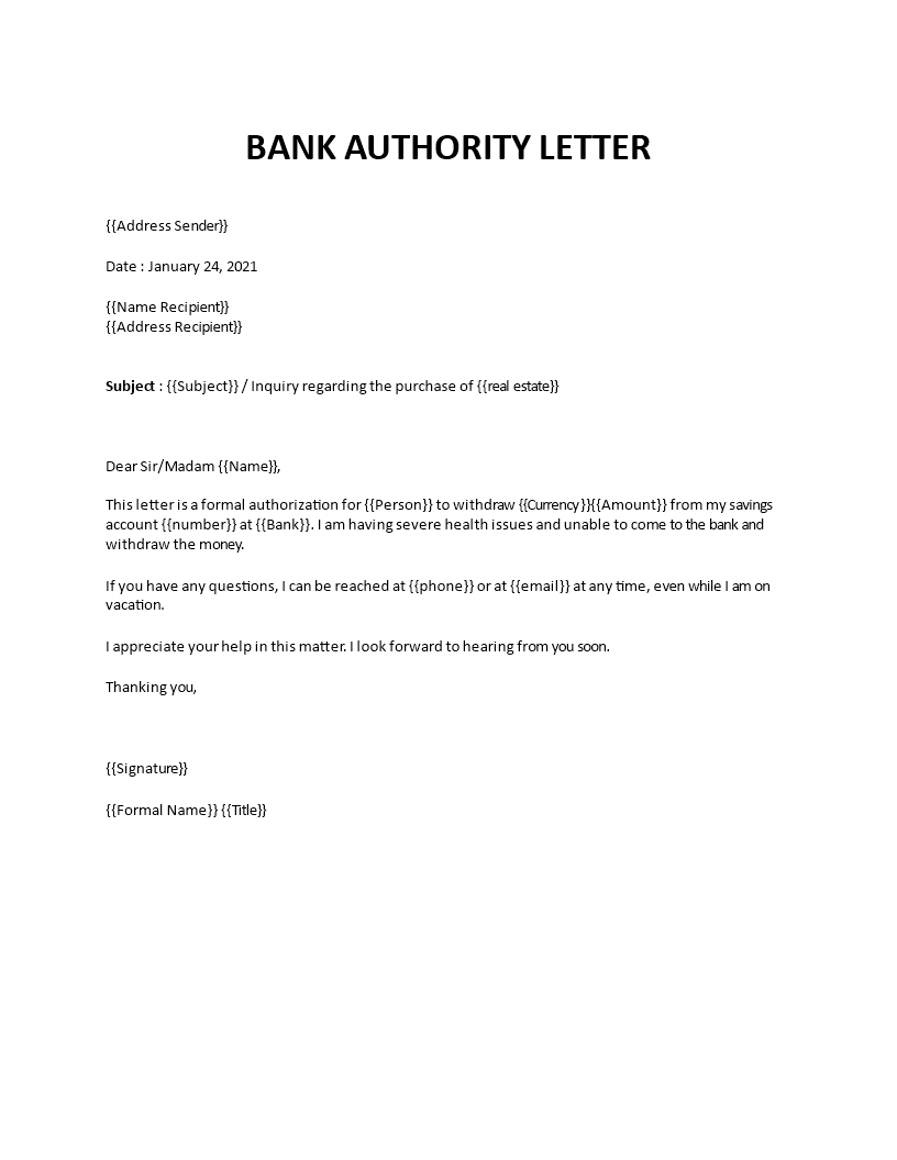bank authority letter