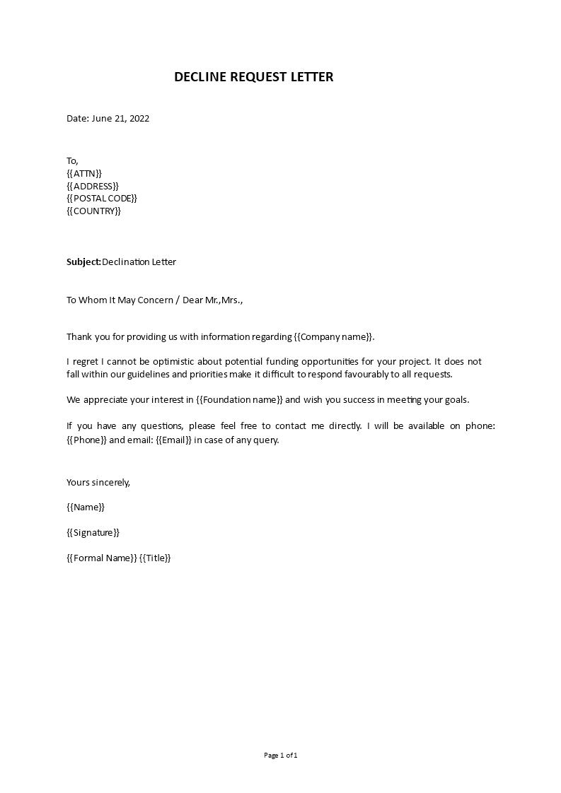 reject request letter
