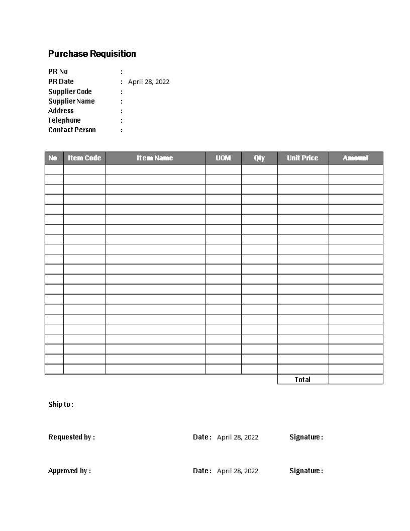 purchase requisition form template template