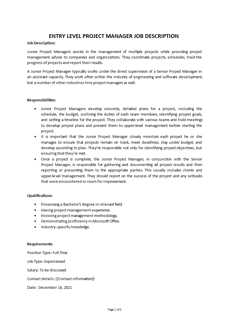 project manager entry level job description Main Image project manager entry level job description template