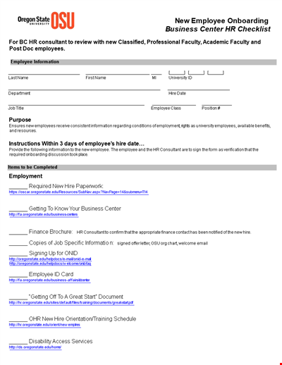 Sample New Employee Onboarding Business Center Hr Checklist