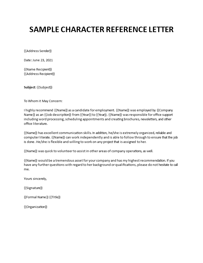 Sample Character Reference Letter Pertaining To Example And Template For Personal Or Character Reference Letter