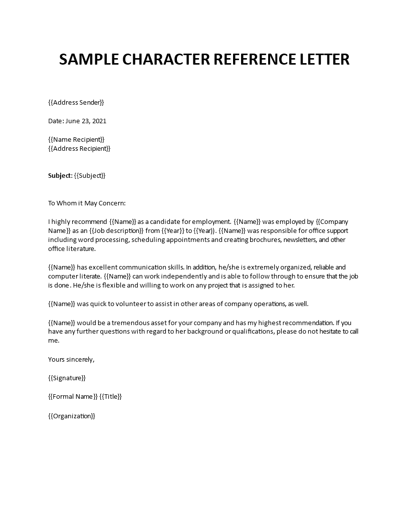 Sample Character Reference Letter