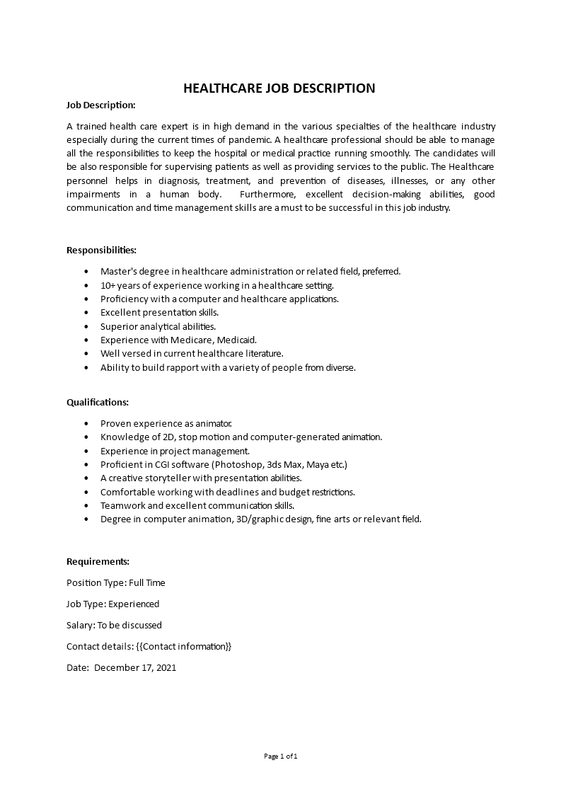 healthcare job description Main Image healthcare job description template