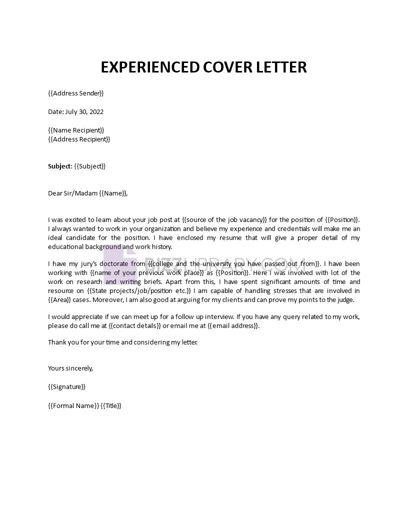 experienced cover letter Main Image experienced cover letter template