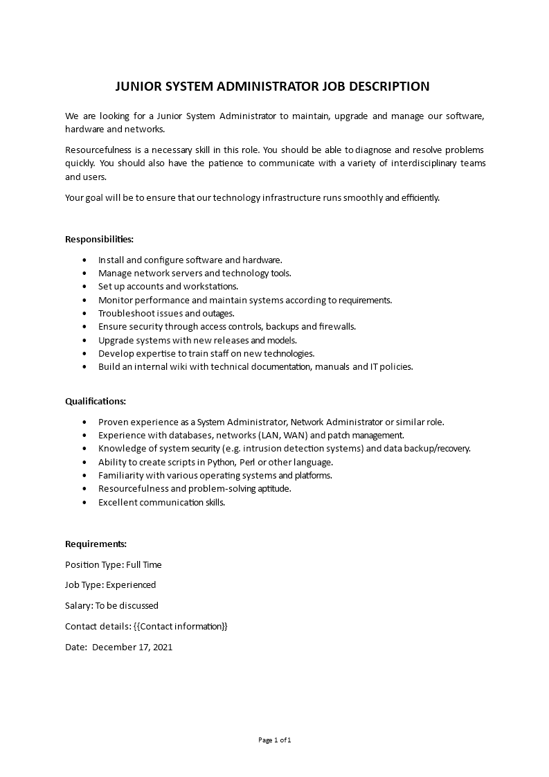 system administrator fresher job description
