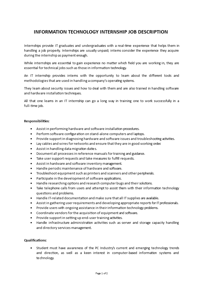 information technology internship job description