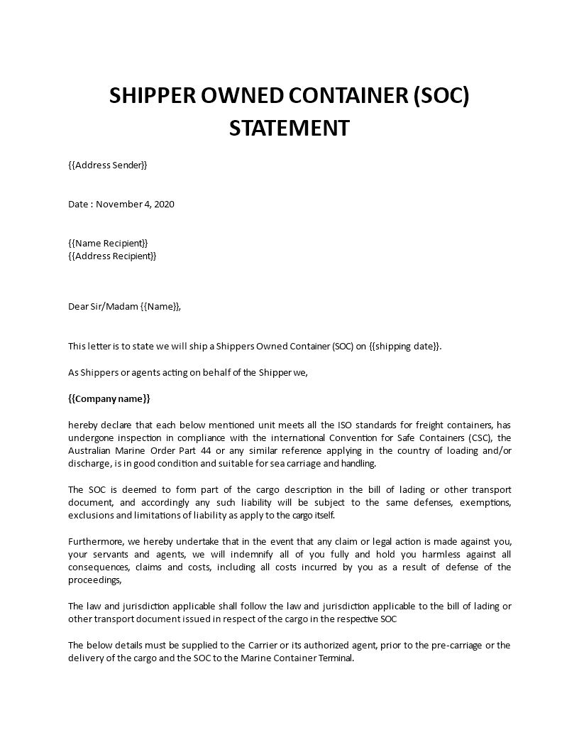 shipper owned container certificate example