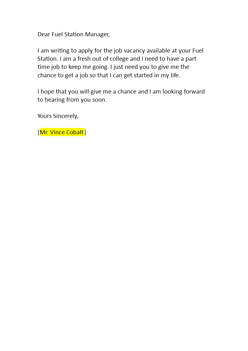 application letter for fuel attendant with no experience template