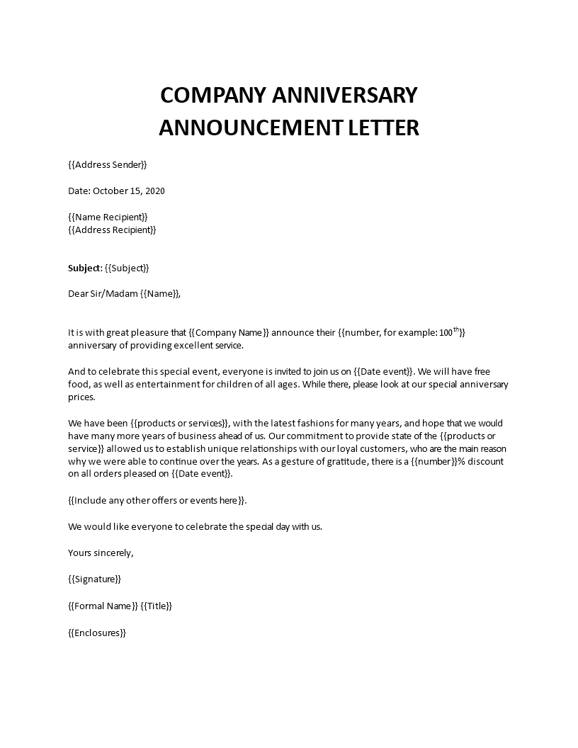 company anniversary announcement invitation letter 